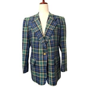 Vtg FREEDBERG 100% Silk Women's 10 Blazer Suit Jacket Blue Green Plaid Gold USA